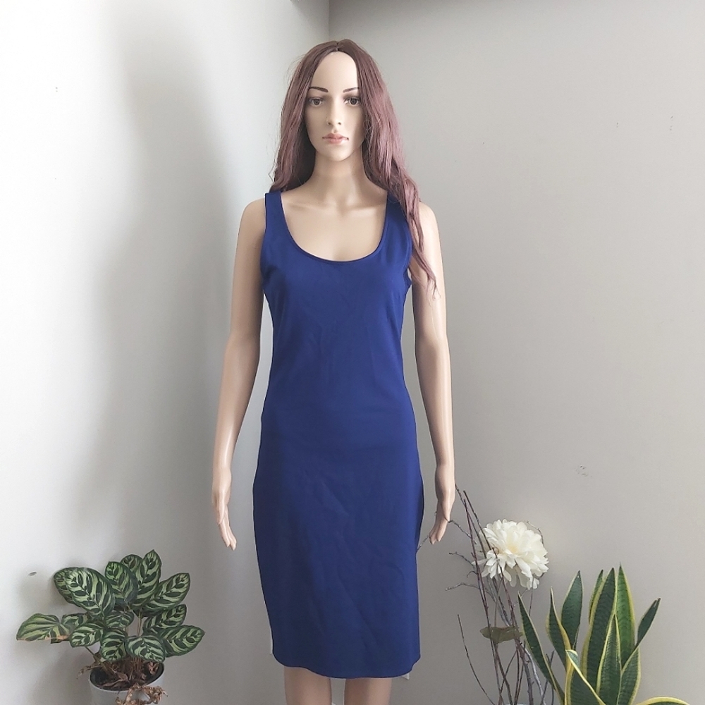 Bar III bodycon midi dress royal blue side slit sleeveless scoopneck y2k